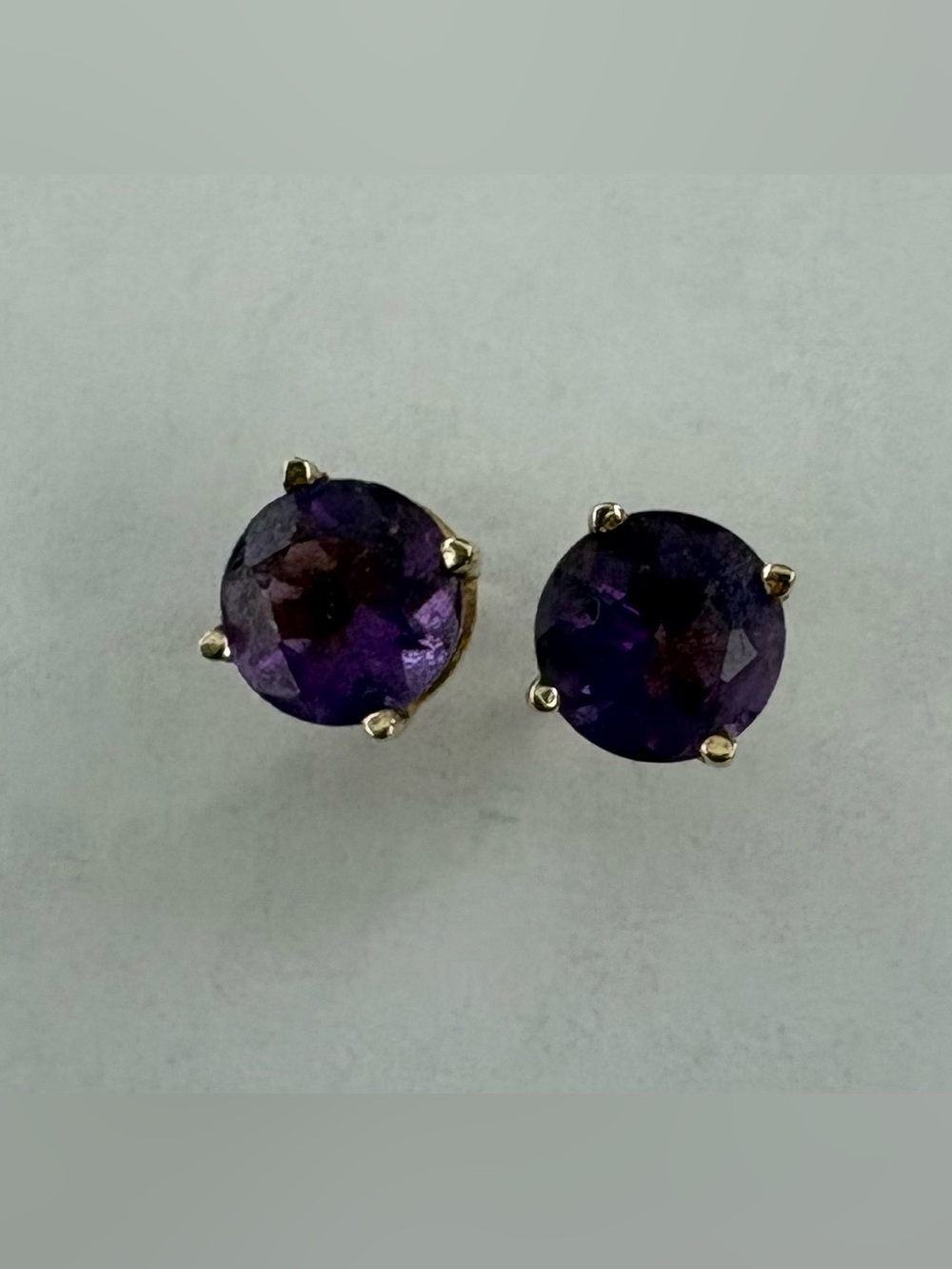 Vintage Amethyst Gemstone Pierced Earrings set in 14k Yellow Gold Prong Setting.